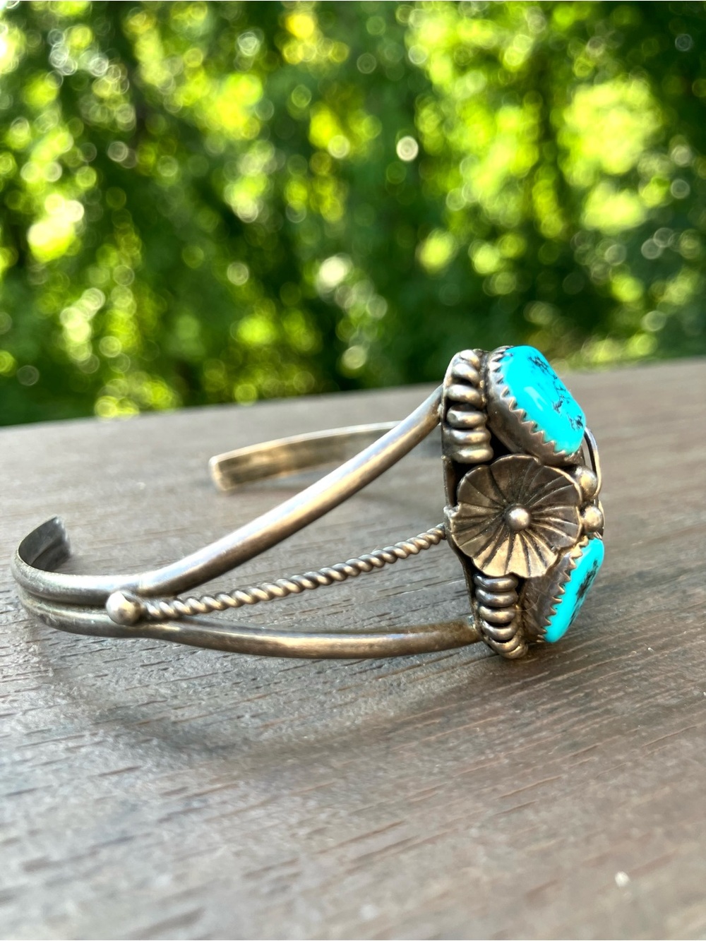 Vintage Navajo Sterling Silver & Natural Turquoise MAX C. Cuff Bangle Bracelet - Picture 6 of 14